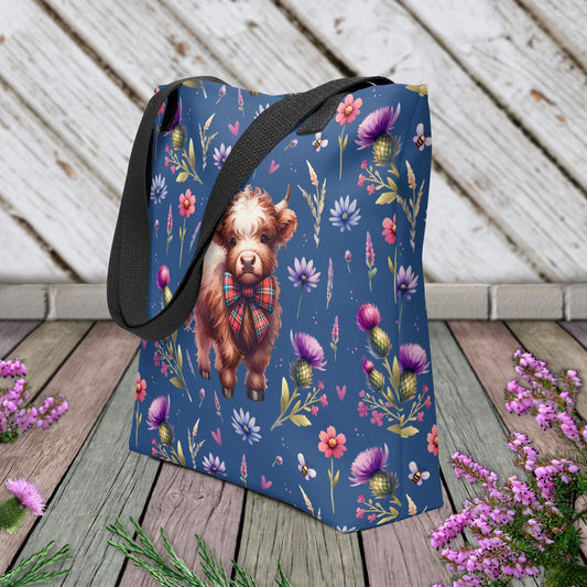 Blue Highland Cow and Flower Tote bag