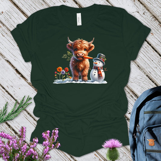 Highland Cow with a Carrot and a Snowman Unisex Tee