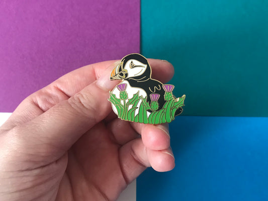 Puffin Enamel Pin with Scottish Thistles