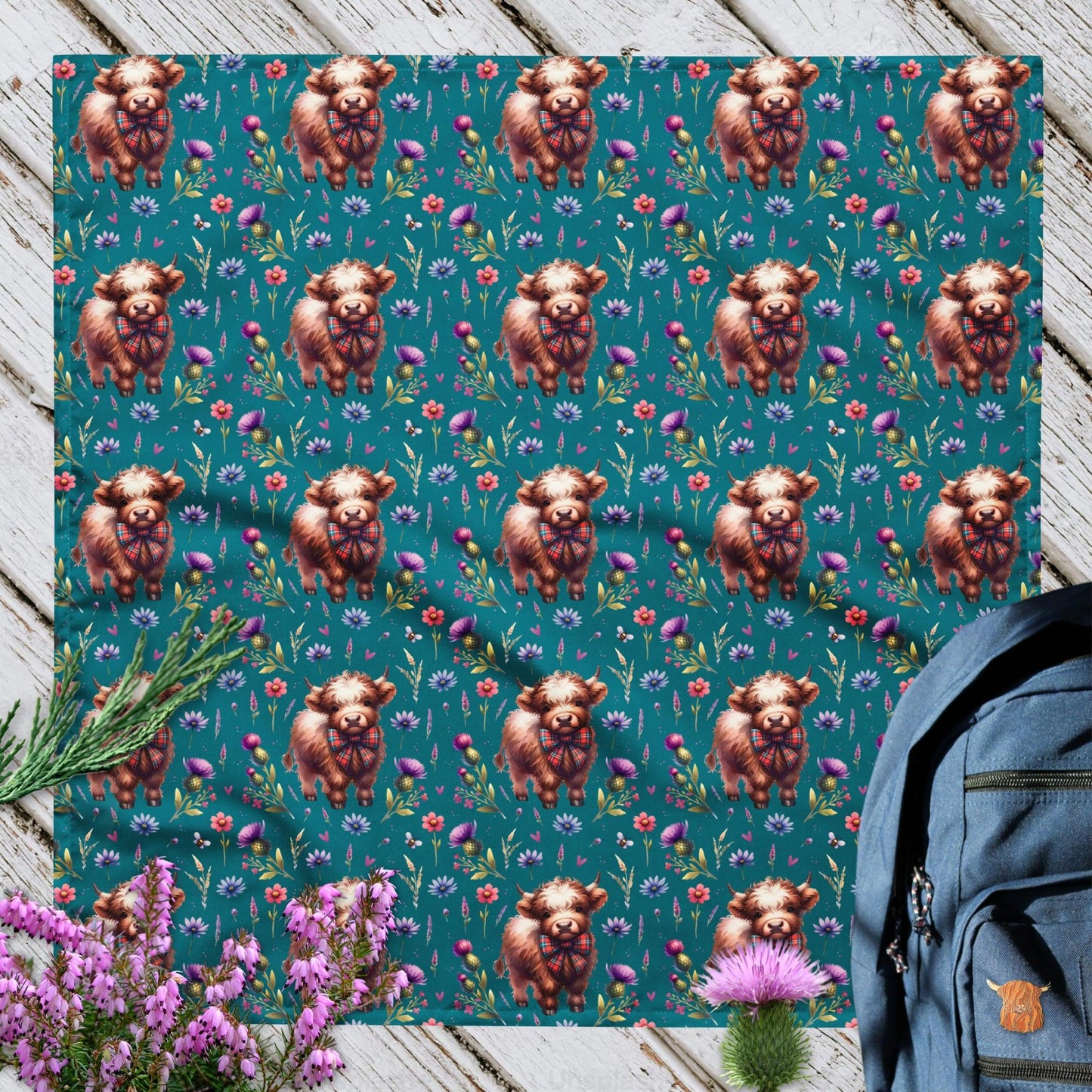 Teal Highland Cow and Flowers - All-over print bandana