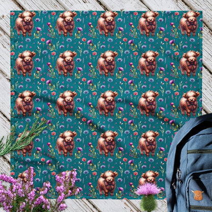 Teal Highland Cow and Flowers - All-over print bandana